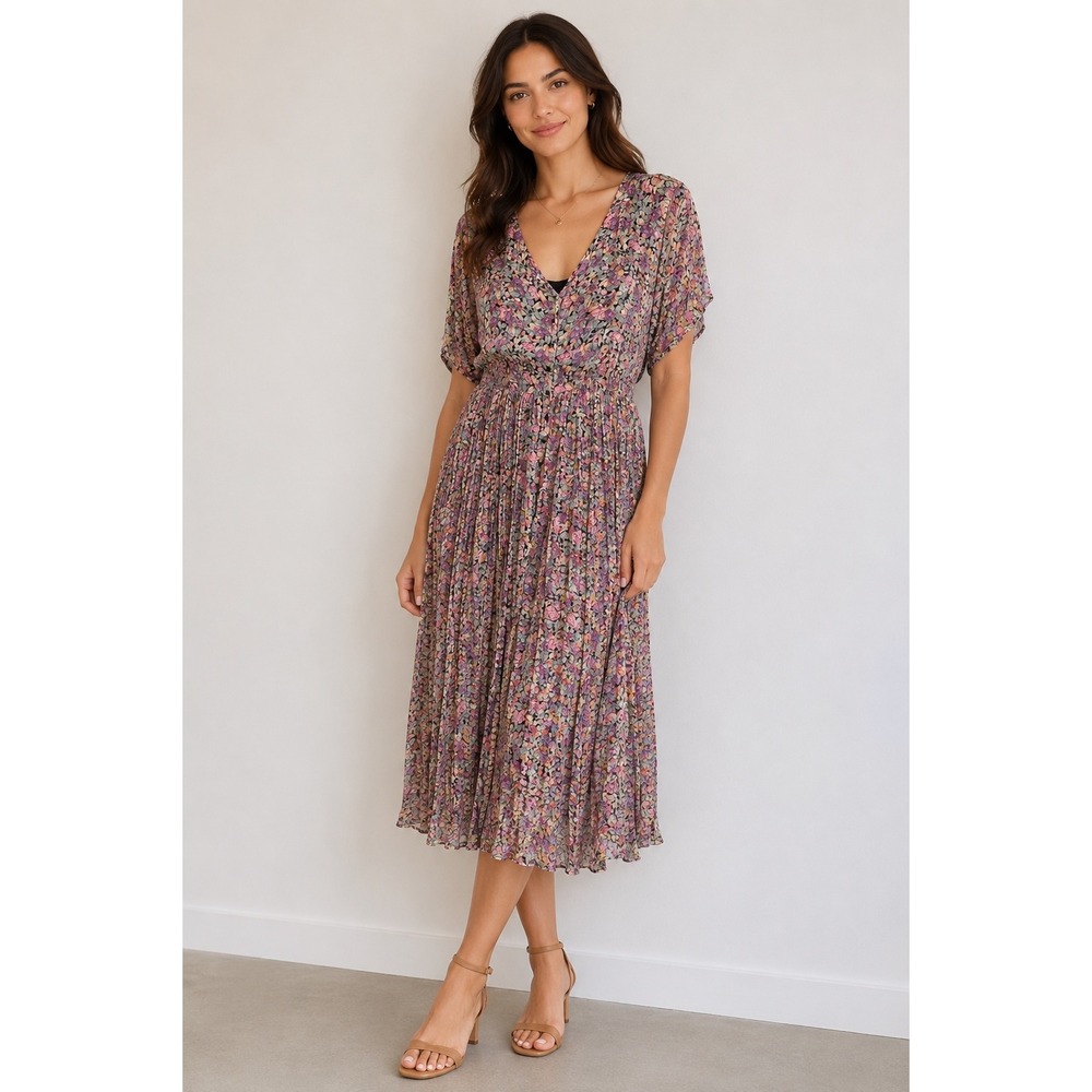 Nostalgia Vintage 90s Floral‎ Crinkle Rayon Midi Dress Button Front Purple M